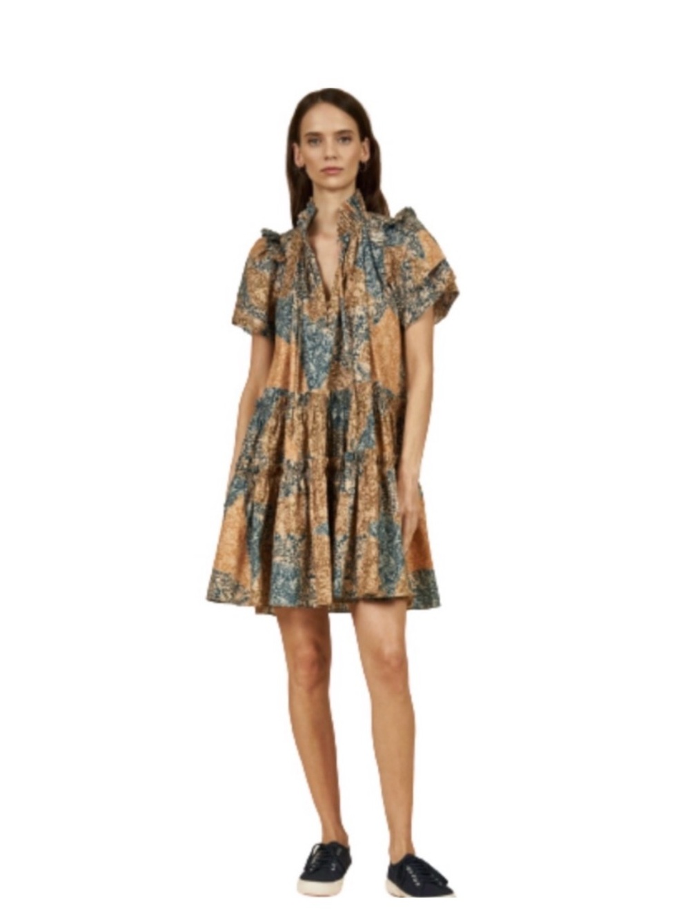 Hunter Bell Patchwork Floral Mini Dress in Blue and Brown